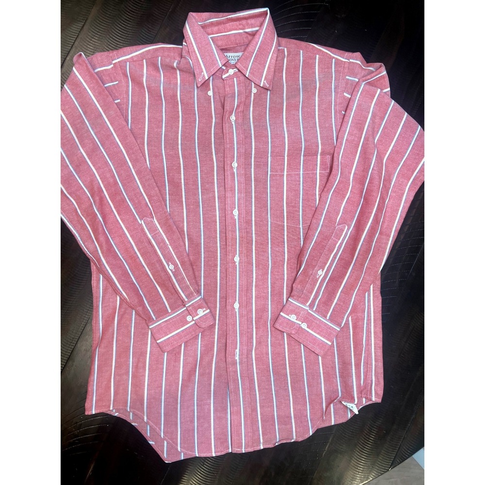 Arrow Dover Oxford Shirt Mens L Red White Stripe Excellent Vintage Made in USA